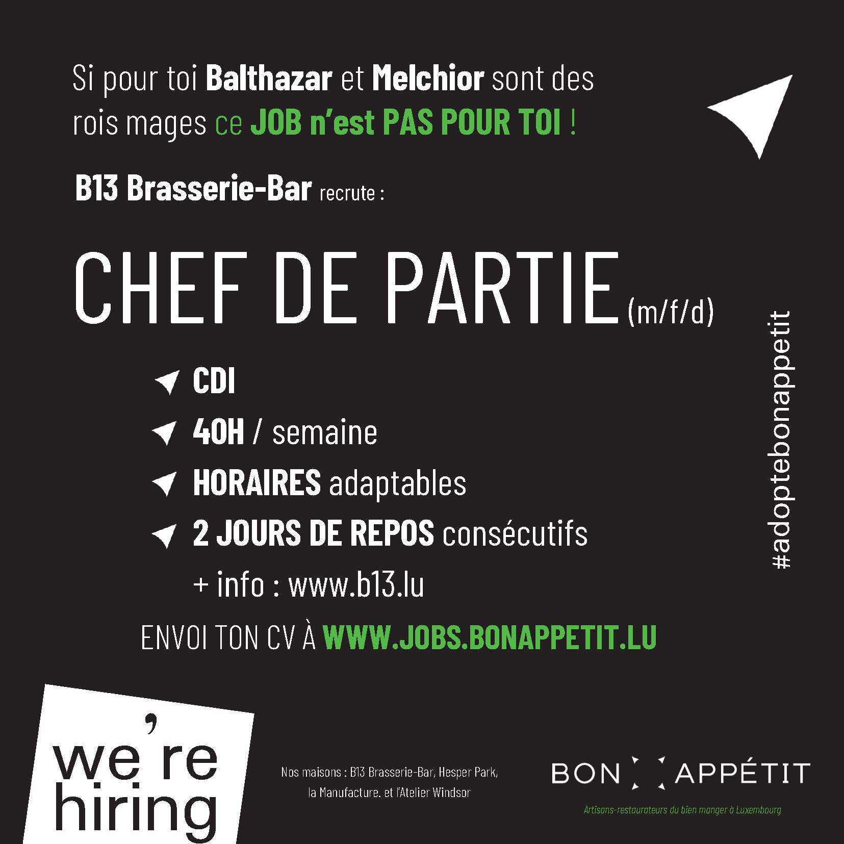 B13 Brasserie-Bar annonce Chef de Partie