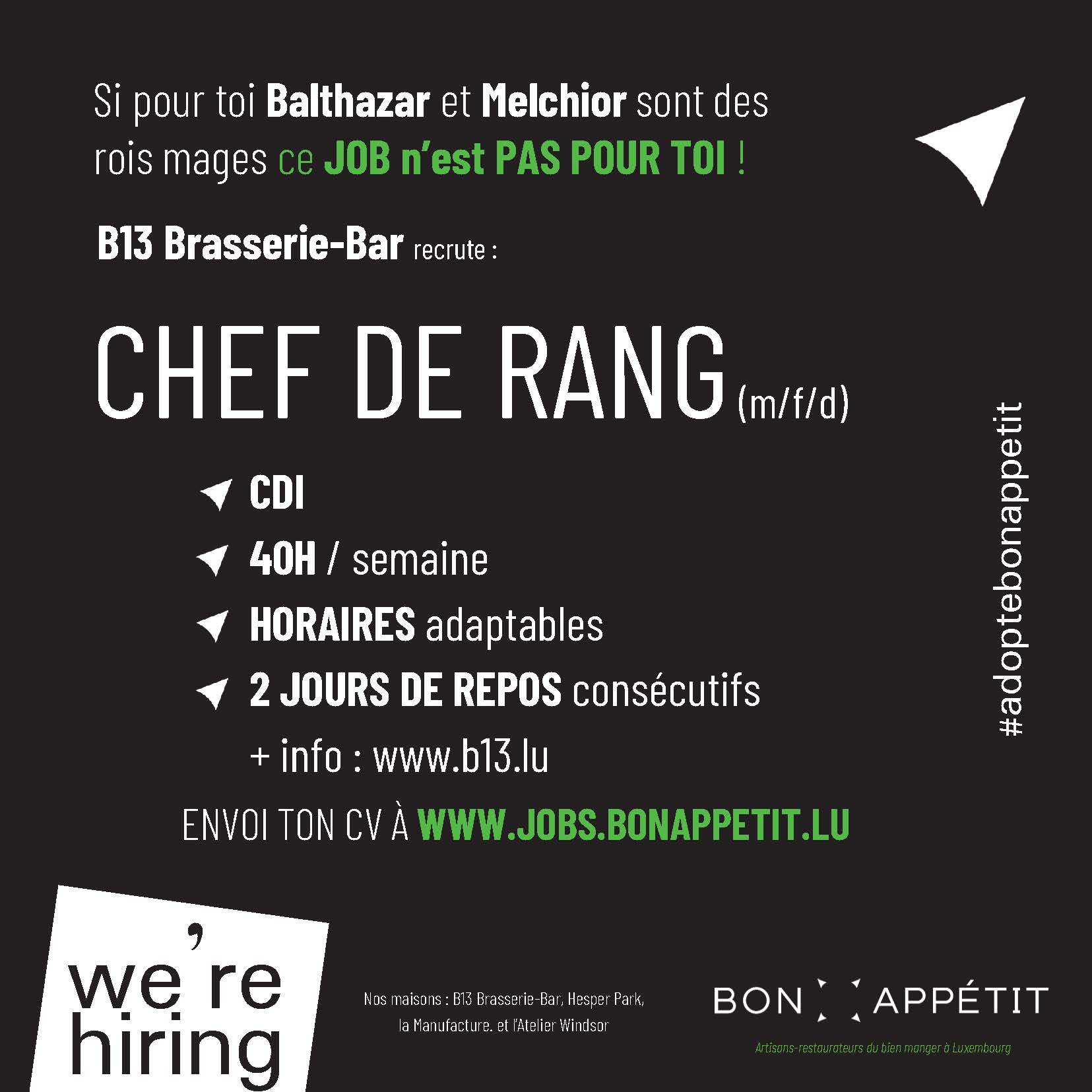 B13 Brasserie-Bar annonce Chef de Rang