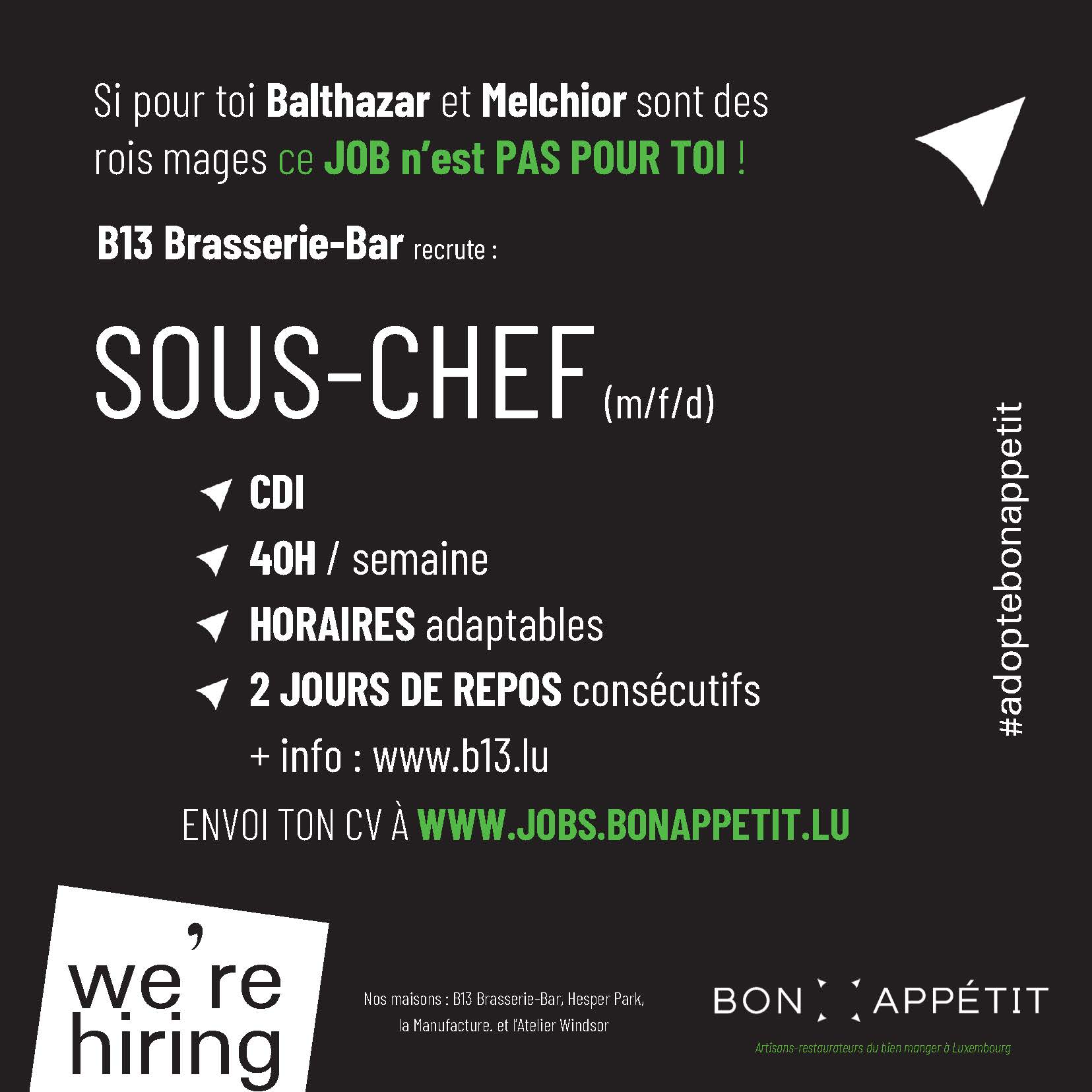 B13 Brasserie-Bar annonce Sous Chef
